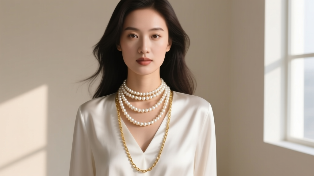 Woman wearing layered pearl necklace designs with a 14-inch choker and 20-inch gold chain over a white silk blouse.