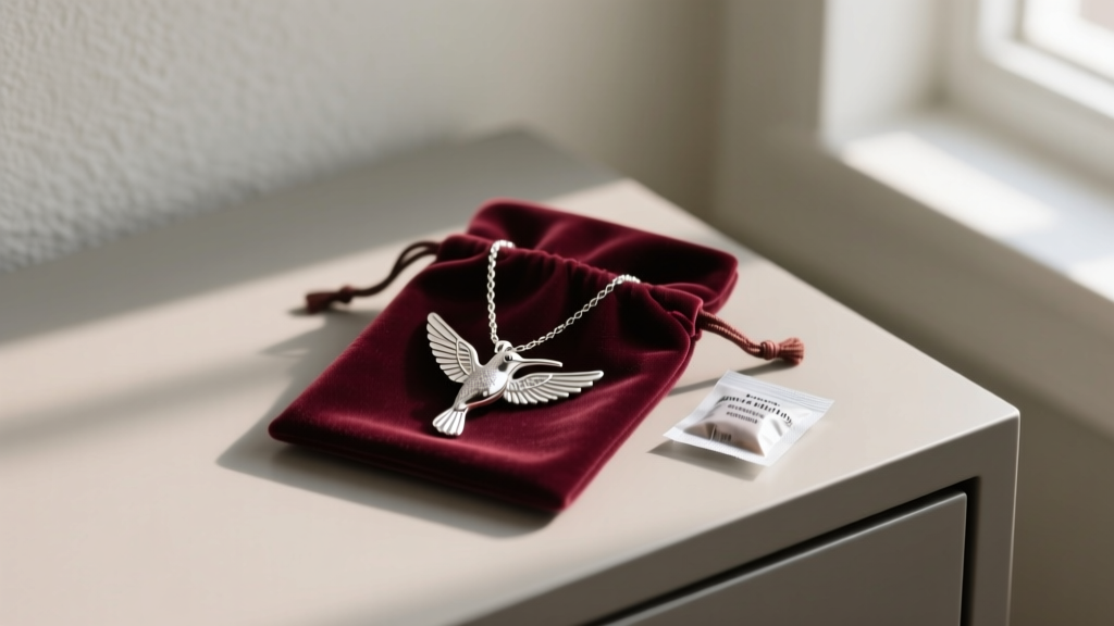 Sterling silver hummingbird necklace stored in a velvet pouch with an anti-tarnish strip and silica gel packet on a dresser.