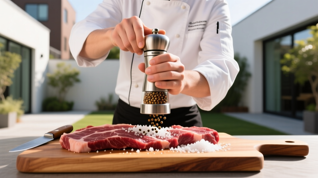 Patio chef using a Joseph Joseph Grind and Store pepper mill over a wooden cutting board filled with raw brisket and coarse salt outdoors