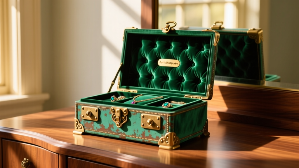 Vintage Anthropologie jewelry box with brass hardware and tufted emerald velvet on a vanity, bathed in warm morning light.