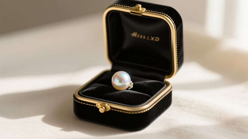 Vanity flatlay with a vintage velvet box, a glowing Akoya pearl earring, and soft directional window lighting hitting the pearl