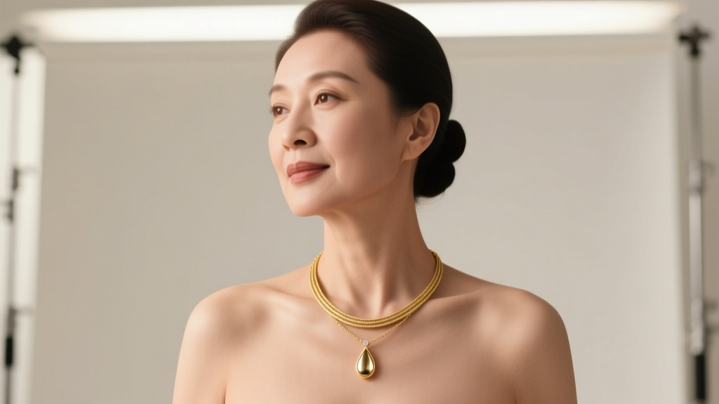 Mature woman wearing a 20-inch gold matinee necklace with a teardrop pendant, soft lighting highlighting her collarbone