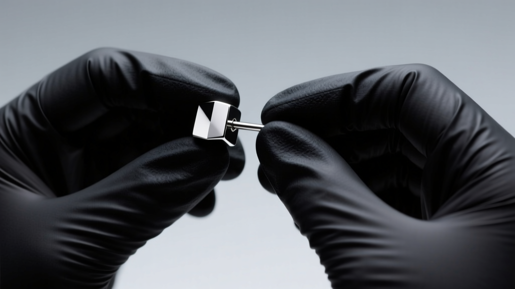 Close-up of hands in black nitrile gloves gripping a 16g threadless titanium flat back labret earring under soft studio lighting.