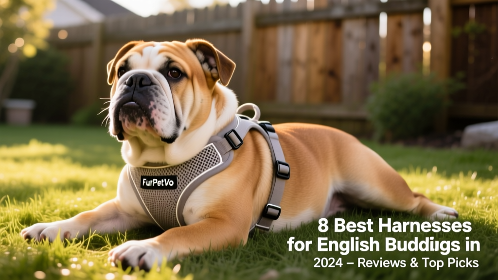 FurPetVo Soft harness worn comfortably on a relaxed English Bulldog, highlighting soft mesh and quick-release buckle