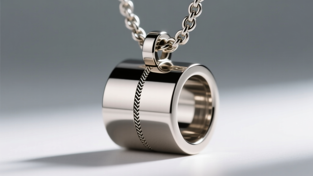 Close-up of a cylindrical neodymium magnetic necklace clasp coated in PVD titanium, showing the laser-welded seam on the jump ring.