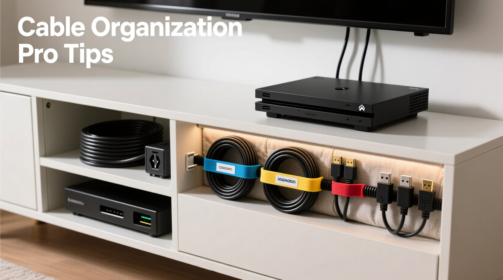 how to organize your gaming console cables behind an entertainment center neatly