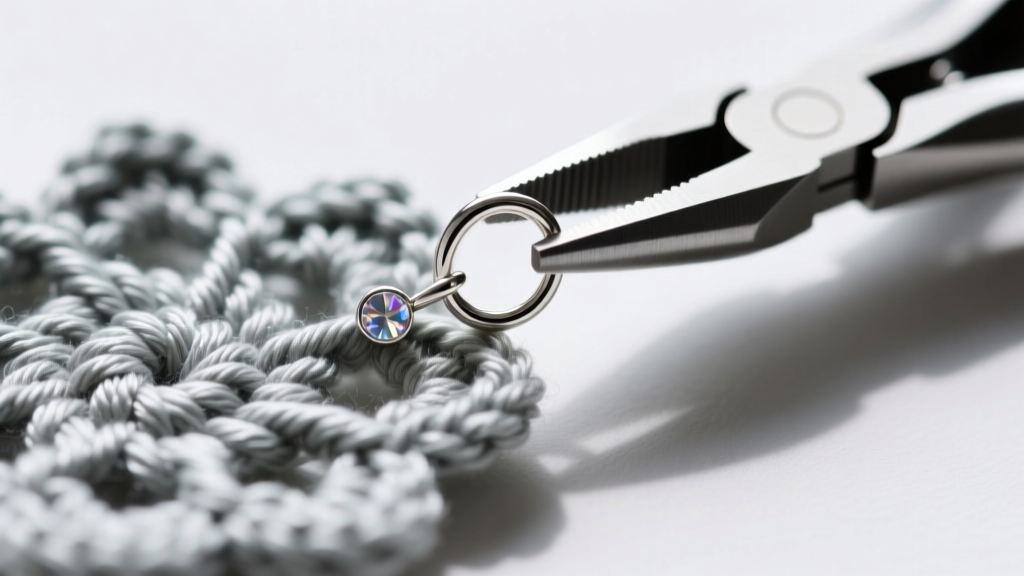Macro shot of a niobium ear wire attached to a finished crochet floral motif using a 4mm silver jump ring and jewelry pliers.