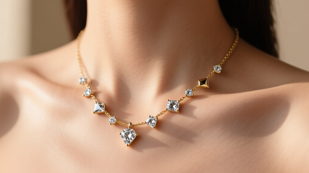 Collarbone close-up showing an asymmetrical diamond charm necklace layout with varying carat sizes in natural sunlight
