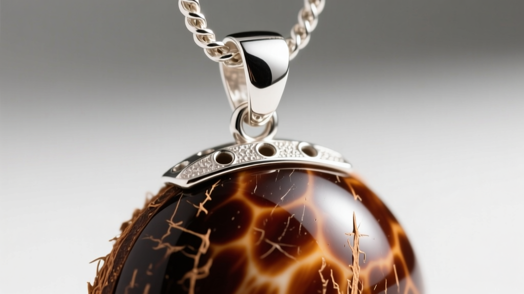 Macro shot of a sterling silver bail attached to a polished coconut shell pendant, showing precise drilling and smooth wax finish
