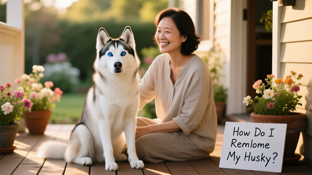 A calm, well-groomed Siberian Husky sitting beside a smiling adult on a sunlit porch