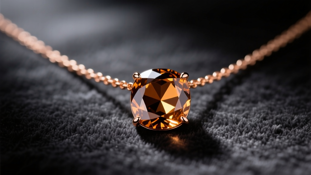 14k rose gold smoky topaz pendant necklace on dark charcoal velvet, showing faceted brown gradients under warm studio lighting.