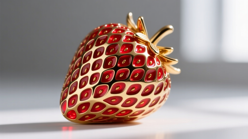 Close-up of a torch firing guilloché enamel on a gold strawberry motif, showing glass powder melting into a vibrant red finish.