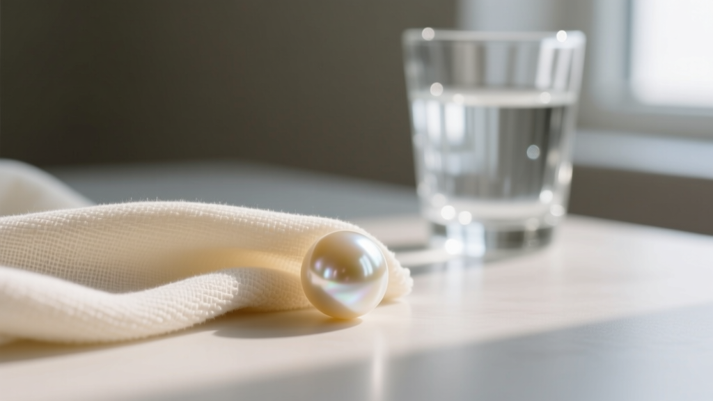 Soft microfiber cloth gently wiping a cream-colored vintage pearl, with a glass of distilled water in the blurred background.