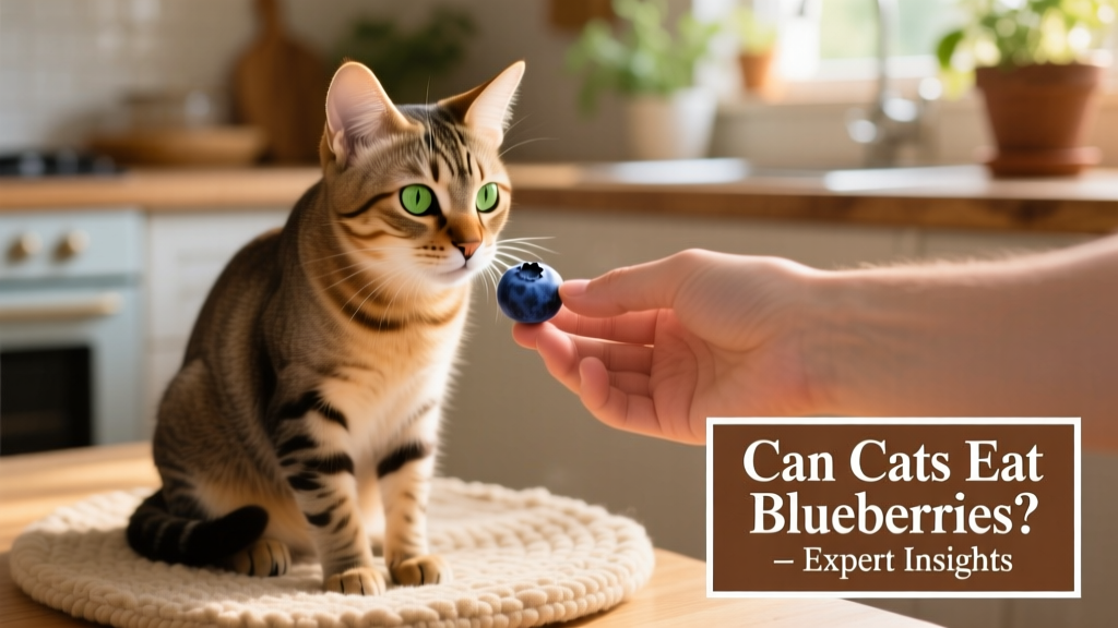 A hand offering a single halved blueberry to a cat sitting calmly on a soft mat