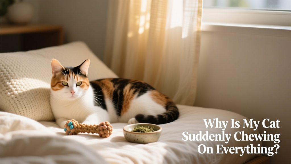Calm cat resting in a cozy, quiet nook with soft bedding and a chew-safe toy nearby
