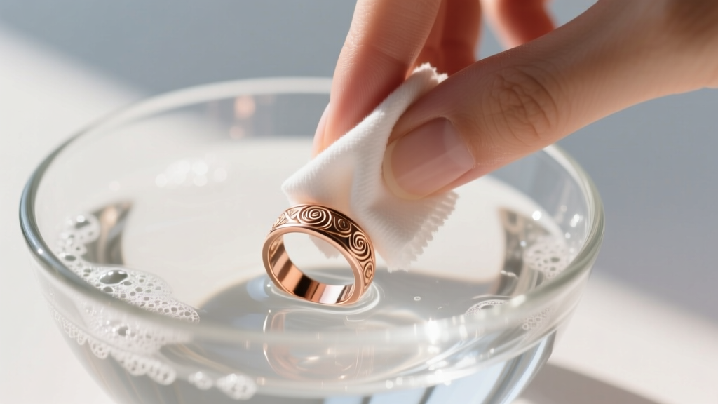 Hands gently wiping a delicate rose-gold plated fashion ring with a damp microfiber cloth over a glass bowl of sudsy water.