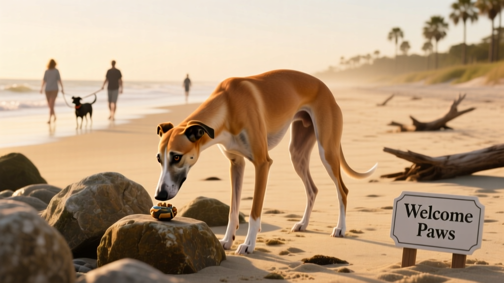 A ginger greyhound investigating something between rocks on a dog-friendly beach in Charleston