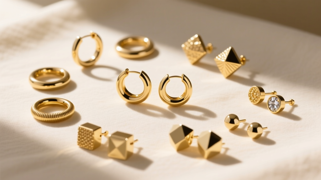 Flat lay of assorted gold-plated hoop and stud earrings on cream linen with soft natural sunlight casting gentle shadows