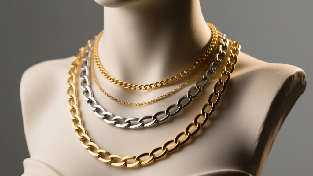 Macro view of 16, 18, and 20-inch layered gold and titanium necklaces on a bust, showing chain textures under warm studio light.