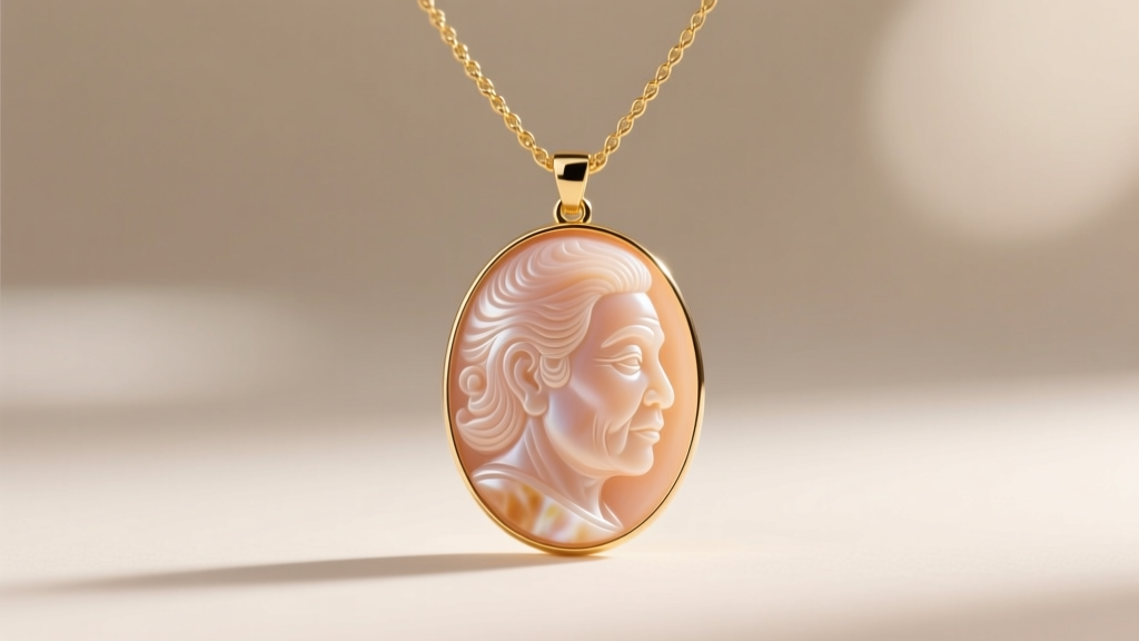 Modern cameo necklace showing a diverse profile carved in peach shell on a delicate gold cable chain against soft studio lighting.