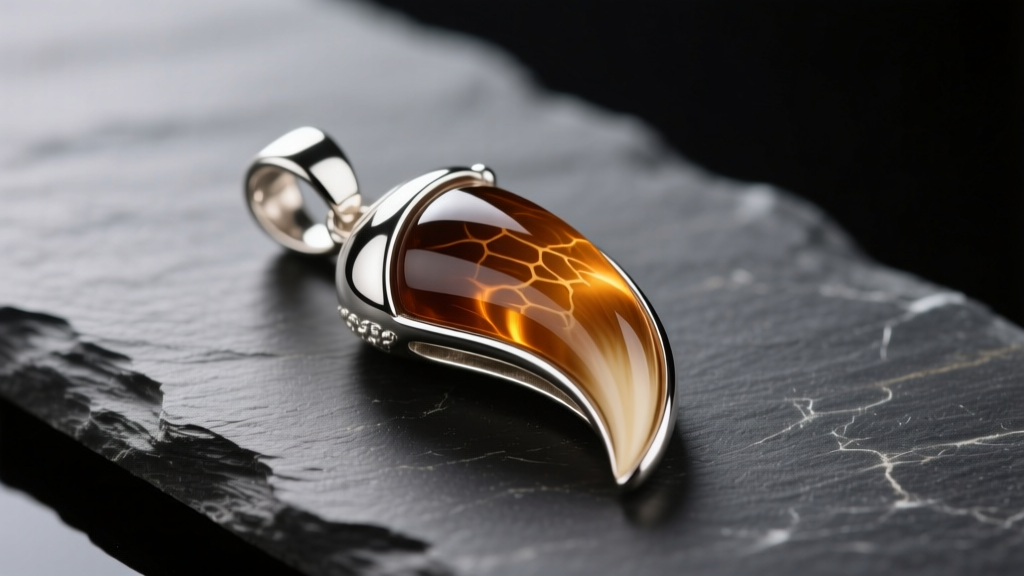 Close-up of a polished elk tooth pendant in a sterling silver bezel resting on dark slate under warm directional studio lighting.
