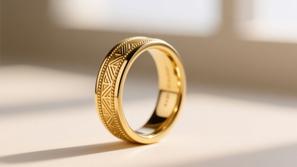 Macro shot of a contemporary designer ring showing hand-engraved milgrain detailing on a 14k solid yellow gold bezel setting.