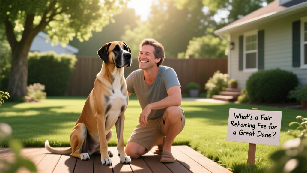 A calm, well-groomed Great Dane sitting beside a smiling adult in a sunny backyard