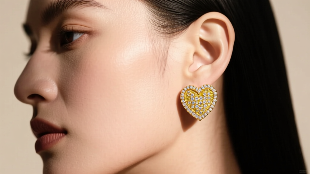 Side profile of a model wearing 18g yellow gold pave heart earrings on the lobe, showing the secure fit of a La Pousette backing
