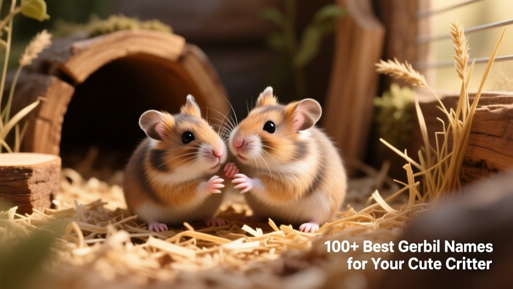 A close-up of two gerbils grooming each other inside a cozy, naturalistic habitat with wood shavings and tunnels