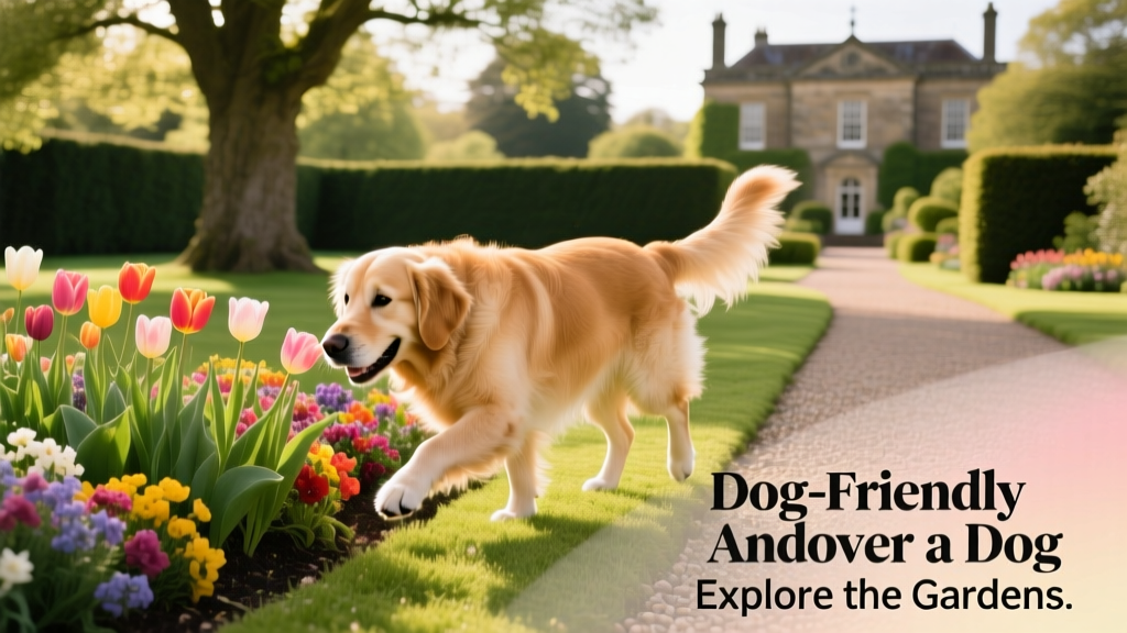 A happy dog exploring colorful flower beds and manicured lawns in the historic Houghton Lodge Gardens, Andover.
