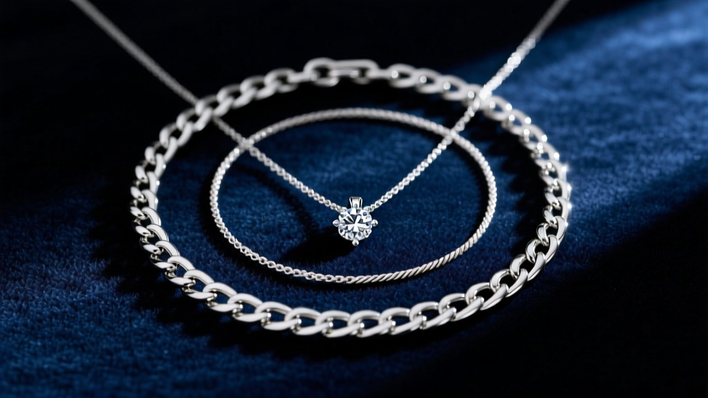 Flat lay of three layered necklaces including a silver log chain, a thin rope chain, and a diamond pendant on dark velvet