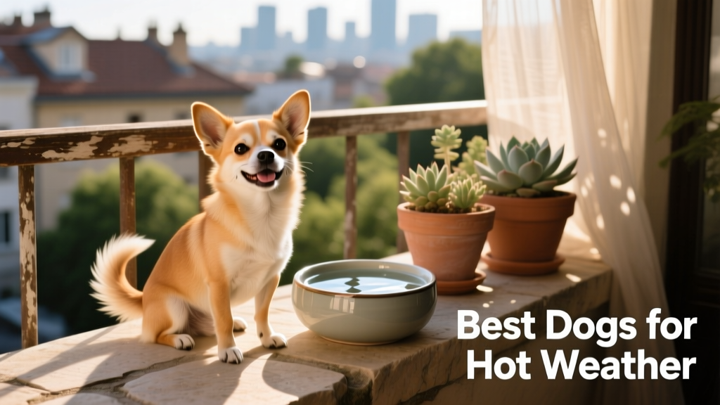A Chihuahua sitting happily on a breezy balcony with a water bowl nearby
