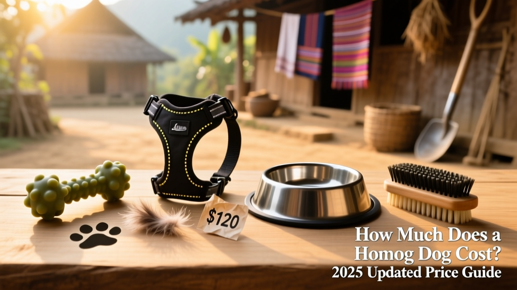 Side-by-side comparison of essential Hmong Dog supplies: durable chew toy, ergonomic harness, stainless steel food bowl, and grooming brush