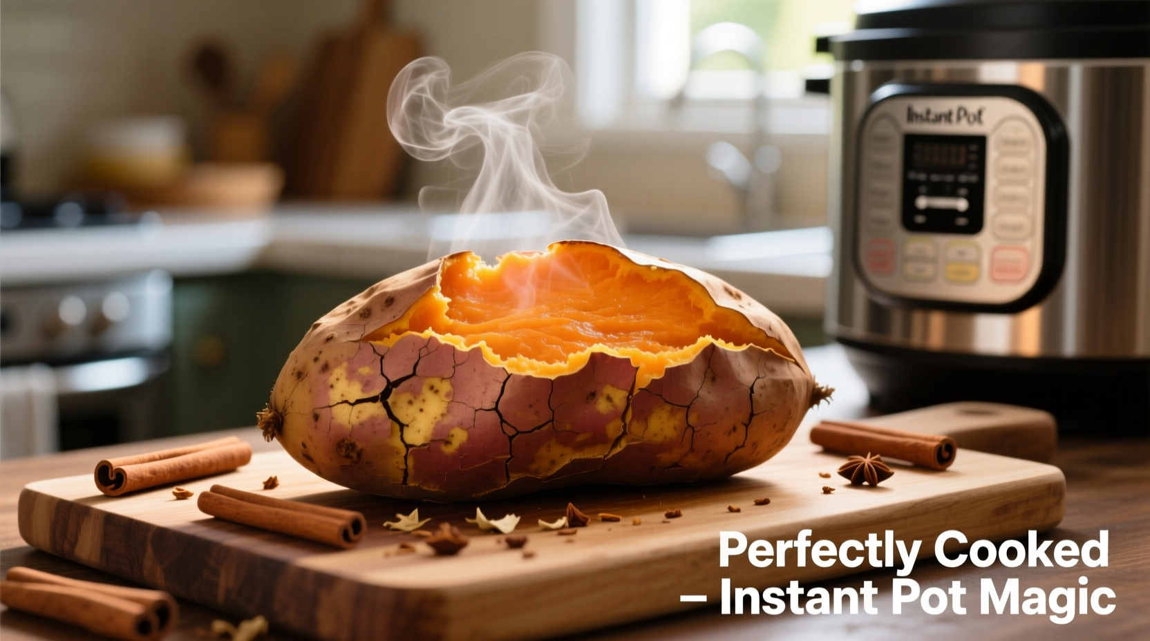 Perfectly cooked instant pot sweet potatoes with steam rising