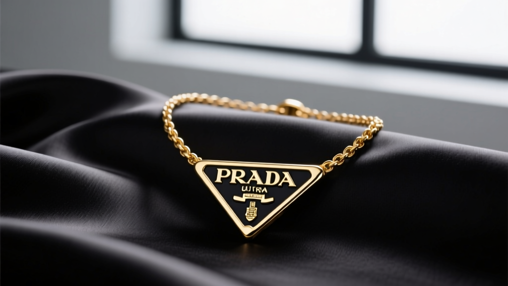 Close-up of a luxurious gold-tone Prada necklace featuring the iconic enamel triangle logo resting on black silk fabric.
