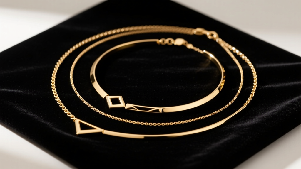 Flat lay of three layered gold necklaces of varying lengths on dark velvet, soft studio lighting highlighting the delicate chains