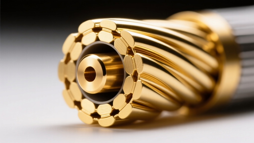 Macro cross-section photo of a gold filled wire showing a brass core and thick 14k gold outer layer under bright studio lighting.