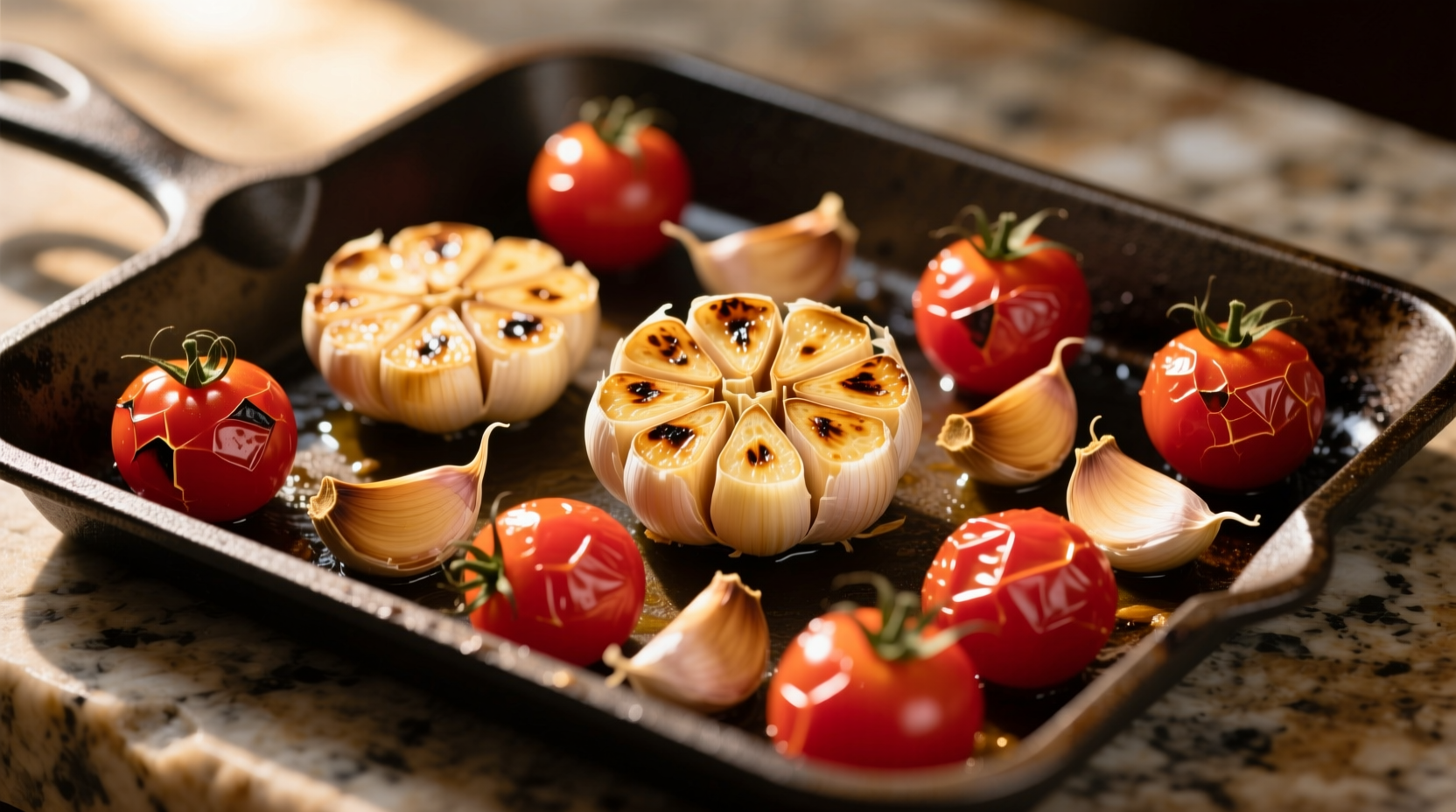 Roasted garlic cloves and cherry tomatoes on baking sheet