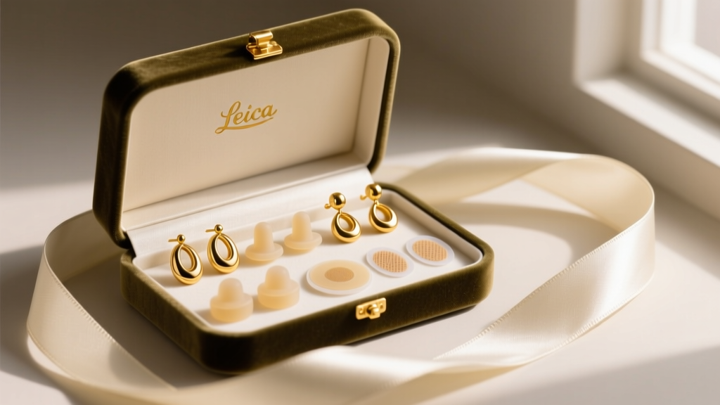Velvet gift box revealing 14k gold jumbo earring backs, silicone stoppers, and adhesive earlobe support patches on a silk ribbon.