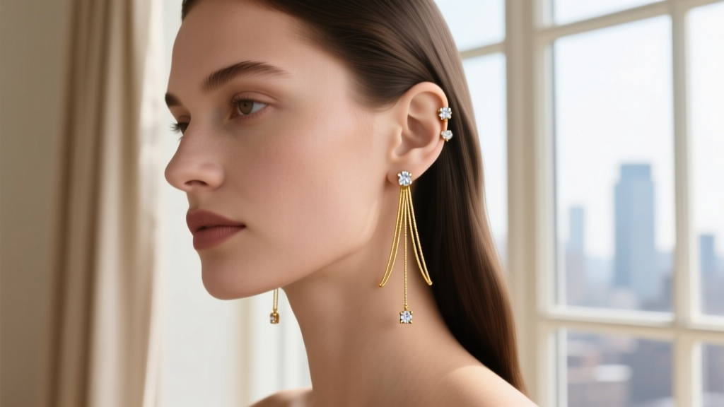 Model wearing delicate 14k gold threader earrings and small bezel-set studs, showcasing ear layering in natural window light