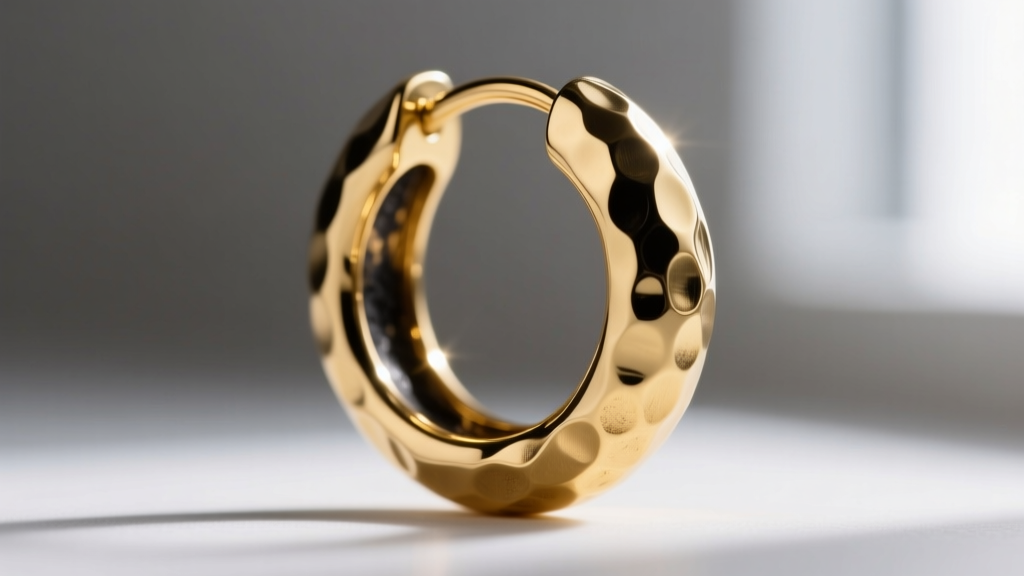 Macro photography of an 18-gauge hammered gold hoop earring showing dark oxidized recesses and a matte brushed surface texture
