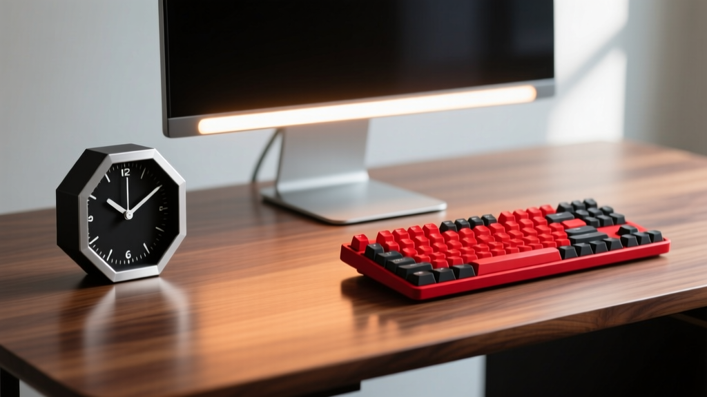 Clean walnut desk setup featuring a glowing monitor light bar, an eight-sided physical time tracker, and red accent mechanical keyboard keys.