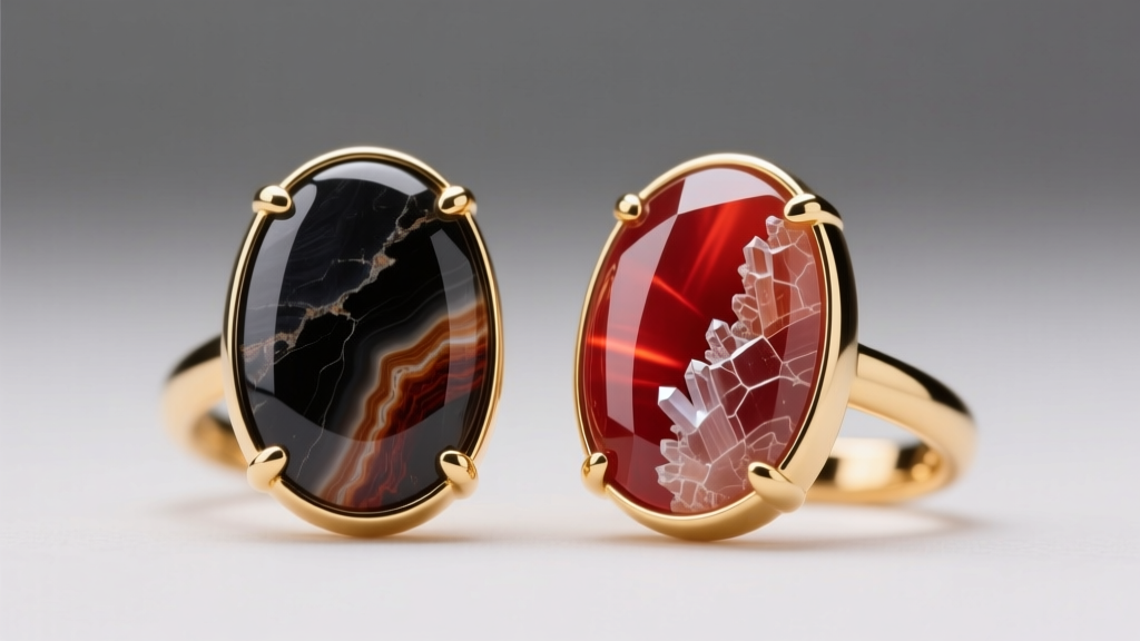 Macro shot of polished Arizona petrified wood cabochon earrings in 14k gold bezels, showing vibrant red quartz rings on dark slate