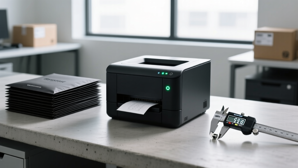 Organized shipping station with a wireless thermal label printer, custom matte black mailers, and digital calipers for tech