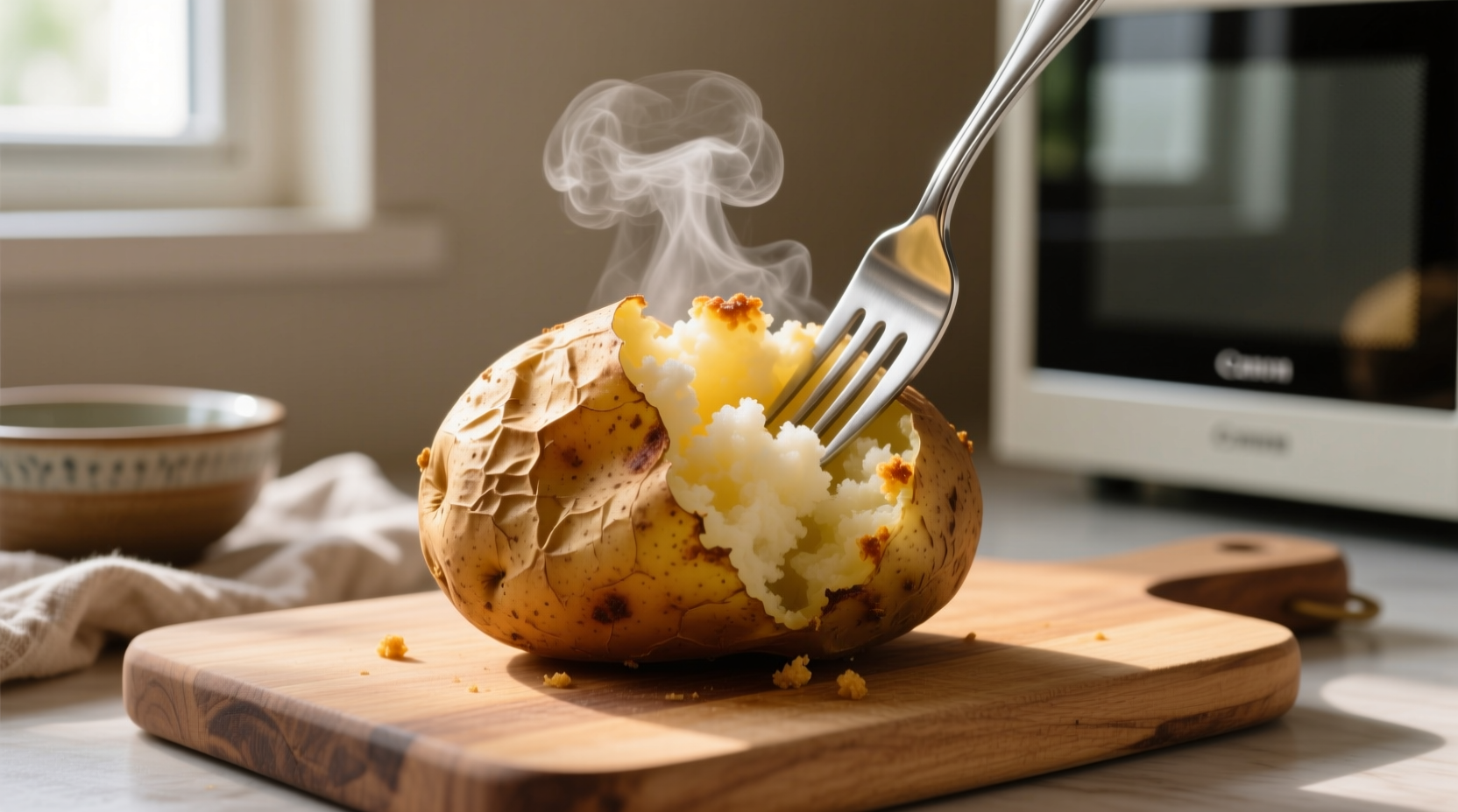 Perfectly cooked microwave potato with fork showing fluffy interior