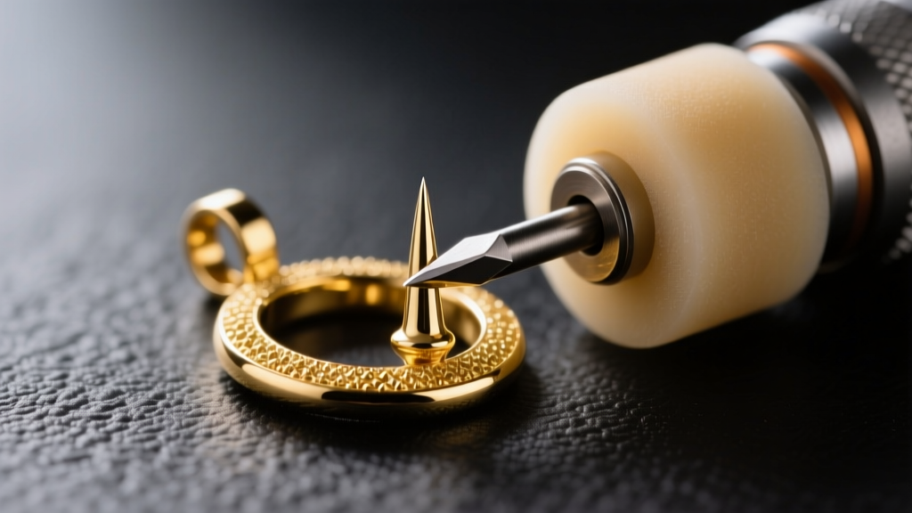 Macro shot of a rotary tool blunting a 14k gold thorn pendant tip with a silicone wheel for safe, comfortable daily skin contact.