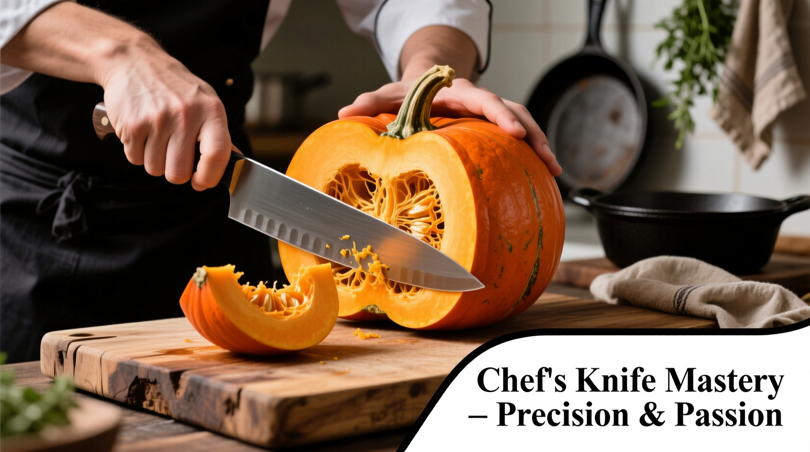 Chef safely cutting pumpkin on wooden board