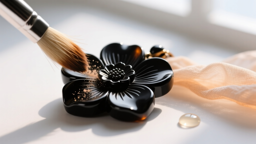 A soft-bristled brush gently cleaning a carved black onyx floral pendant, with a microfiber cloth and mild soap solution nearby.