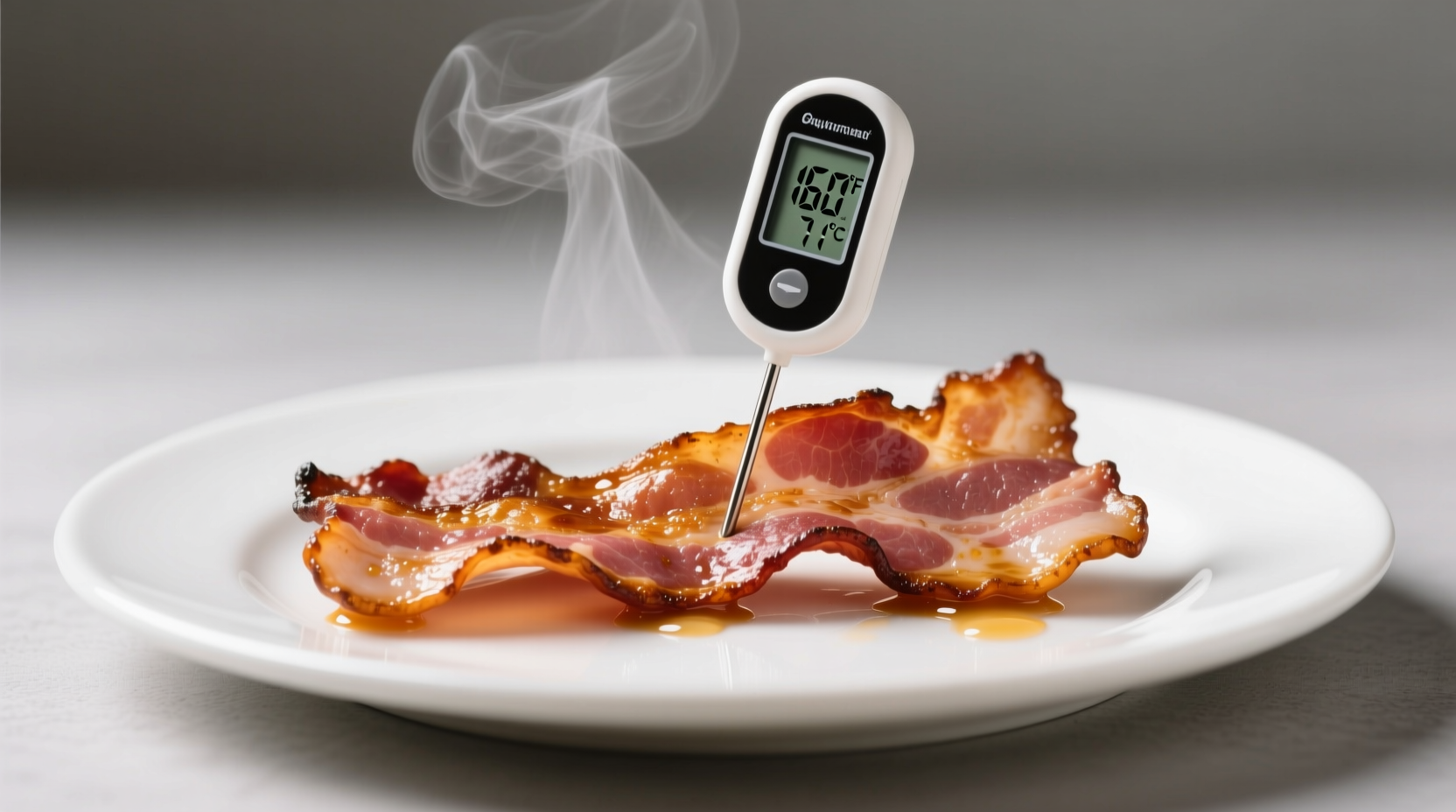 Fresh cooked bacon on white plate with thermometer showing safe temperature