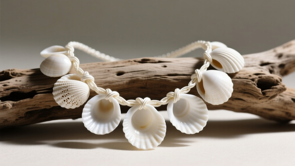 White puka shell necklace on driftwood, showing natural concave shapes and tight silk micro-knotting between the organic shells